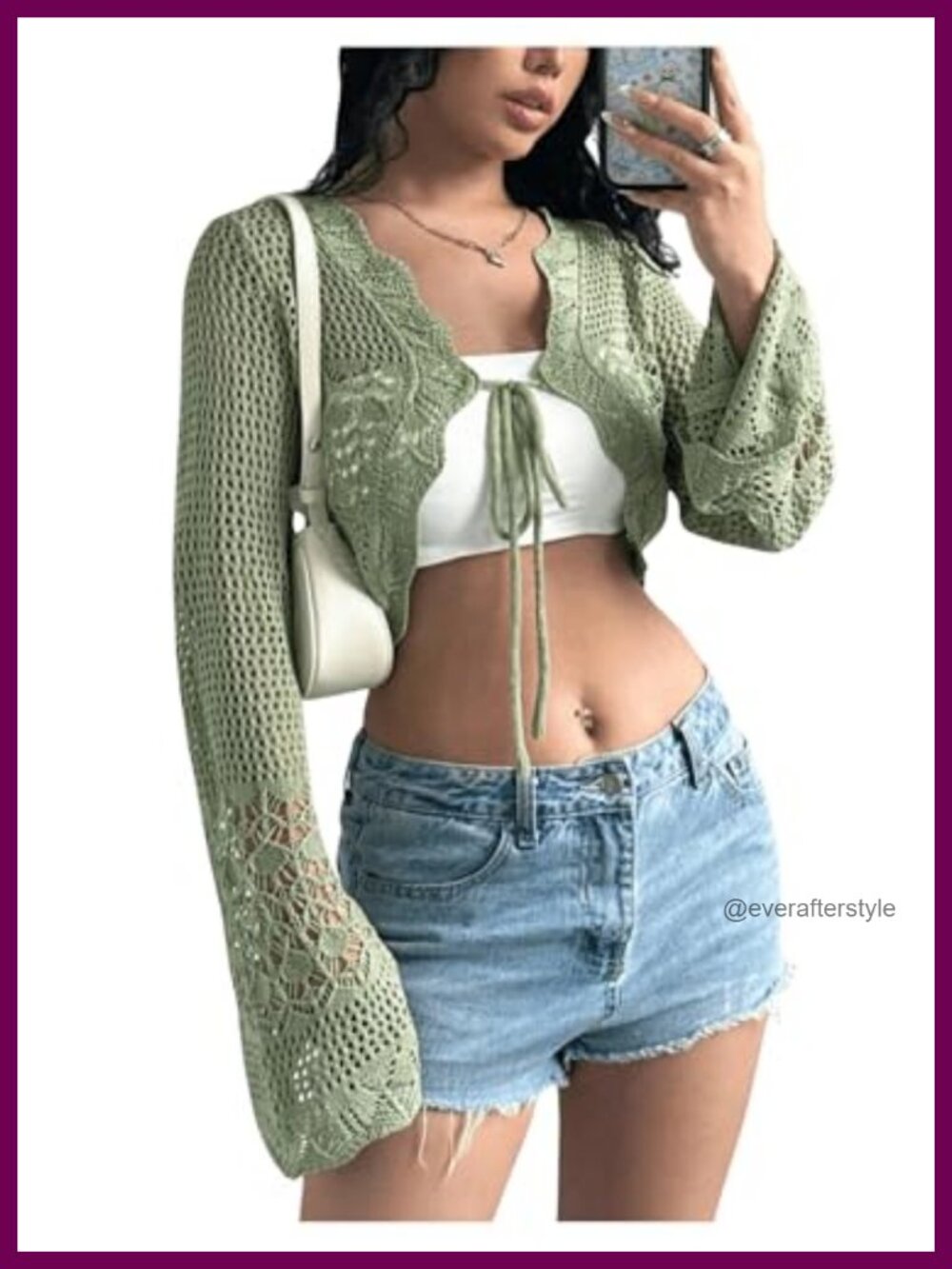 Women's Crochet Cropped Cardigan Sheer Hollow Out Tie Front Shrug Bolero Flare